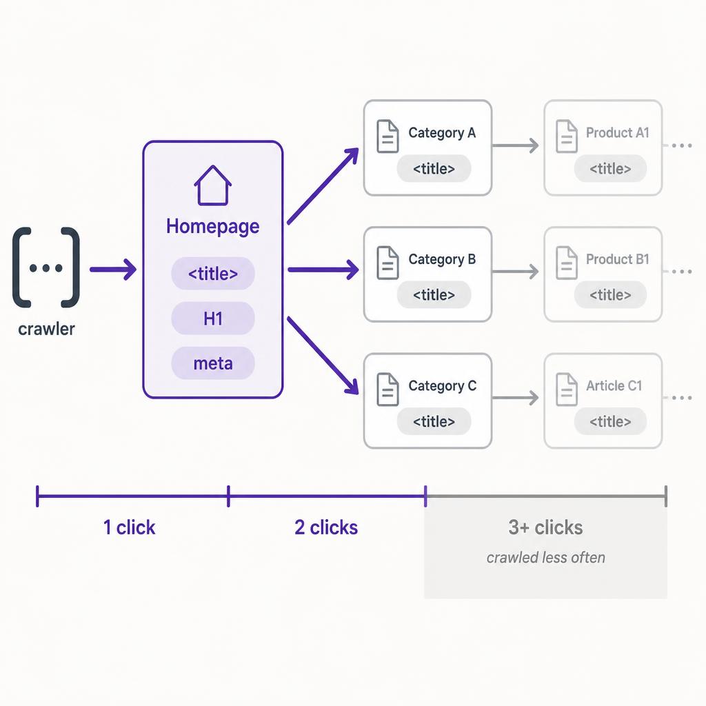 Diagram showing a search crawler reaching a homepage and linked pages within one or two clicks.