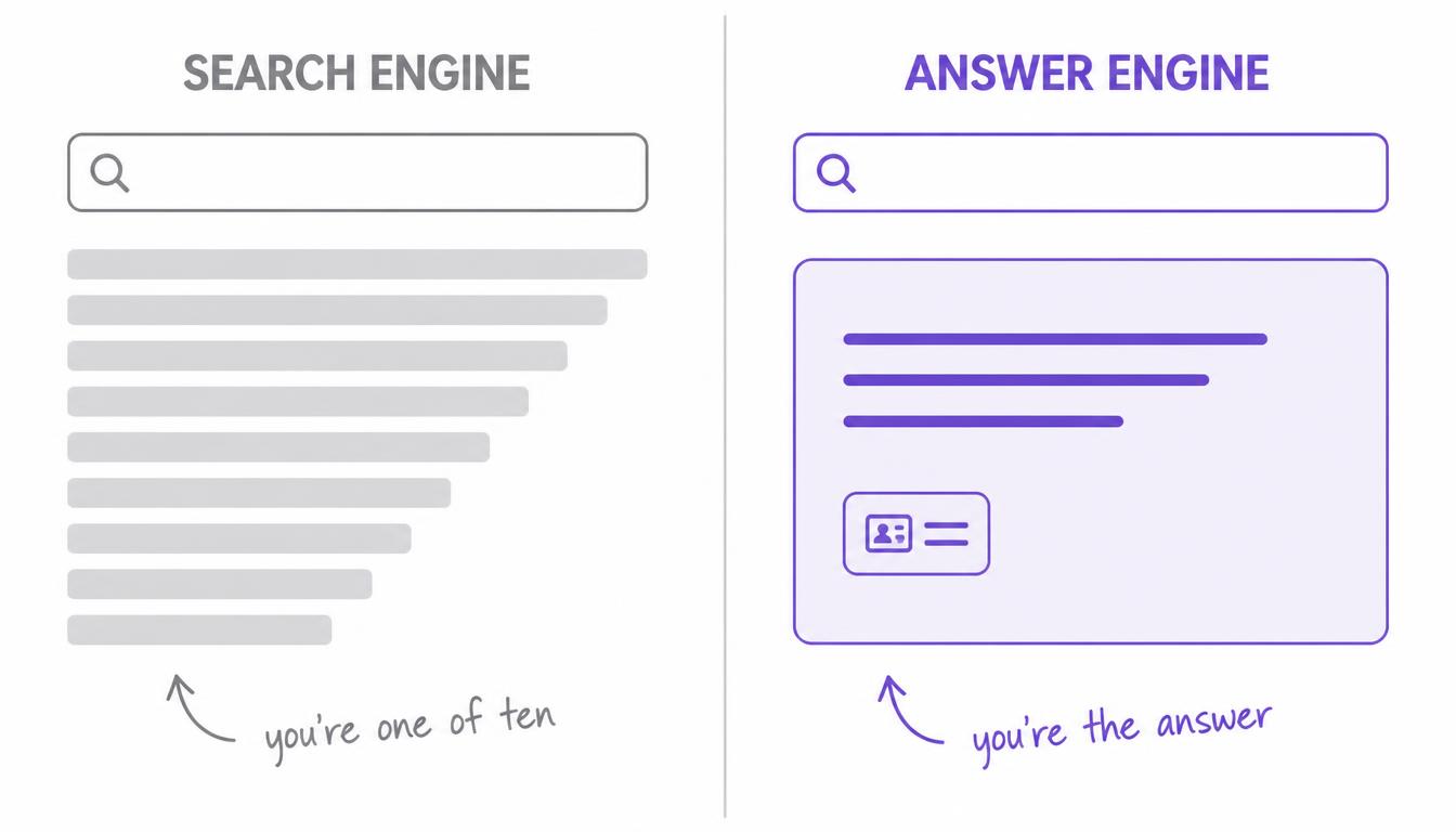 Comparison of a search engine returning many links and an answer engine presenting one cited answer.
