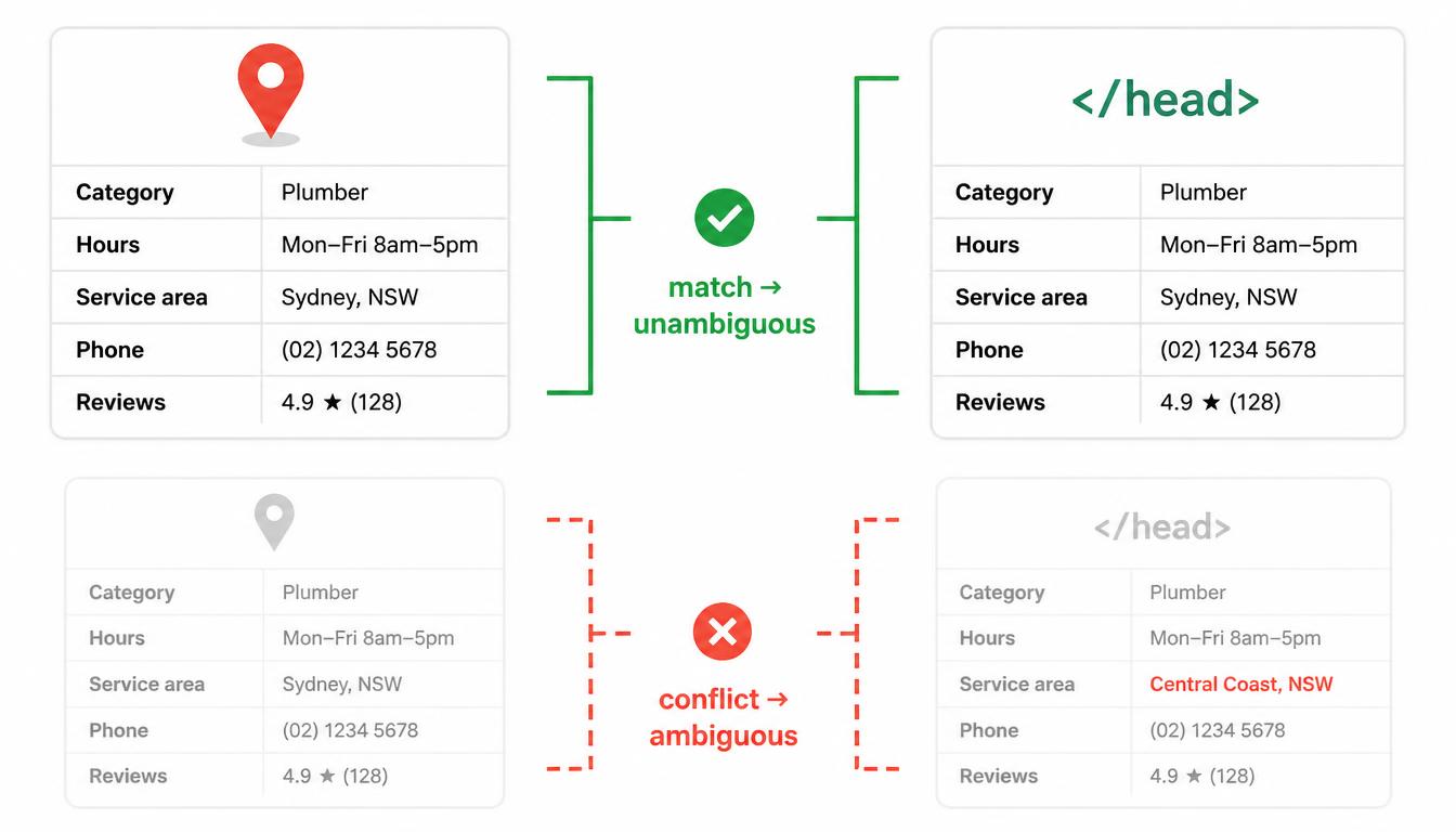 Matching and conflicting business details between a Google Business Profile and a website.