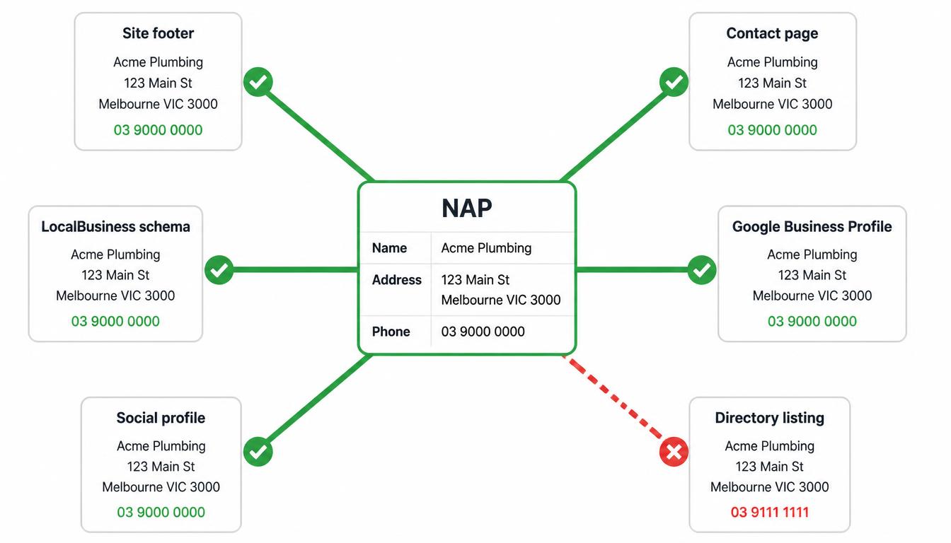 NAP consistency diagram linking matching name, address and phone details across online business profiles.