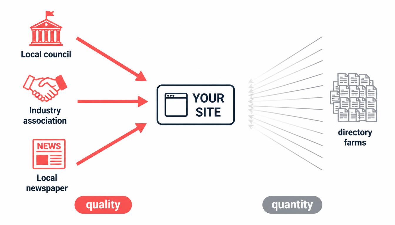 Quality backlinks from a council, industry association and local newspaper compared with directory-farm links.