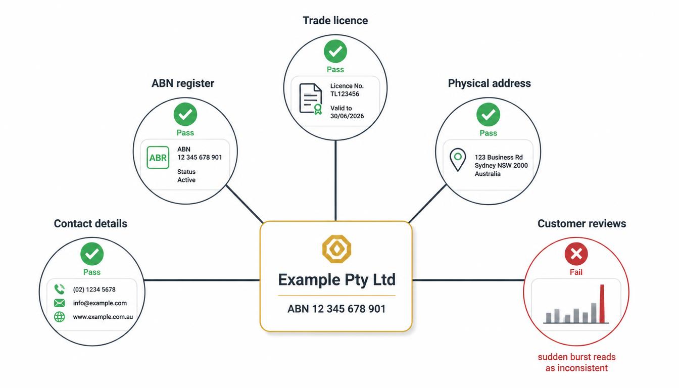 Business trust diagram checking ABN, licence, address, contact details and review consistency.