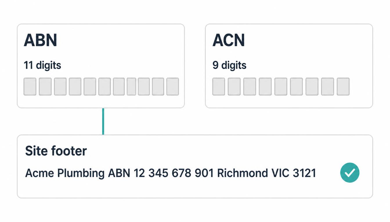 Comparison showing an 11-digit ABN, a 9-digit ACN and correct ABN placement in an Australian business website footer.